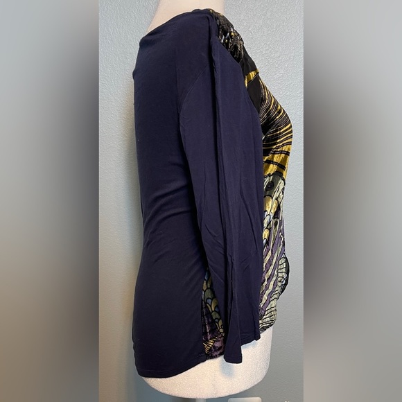 Chico’s Blue Wrap Tie Front Knit Top Artsy Peacock Print Velvet Burnout Size 3 - Picture 6 of 9